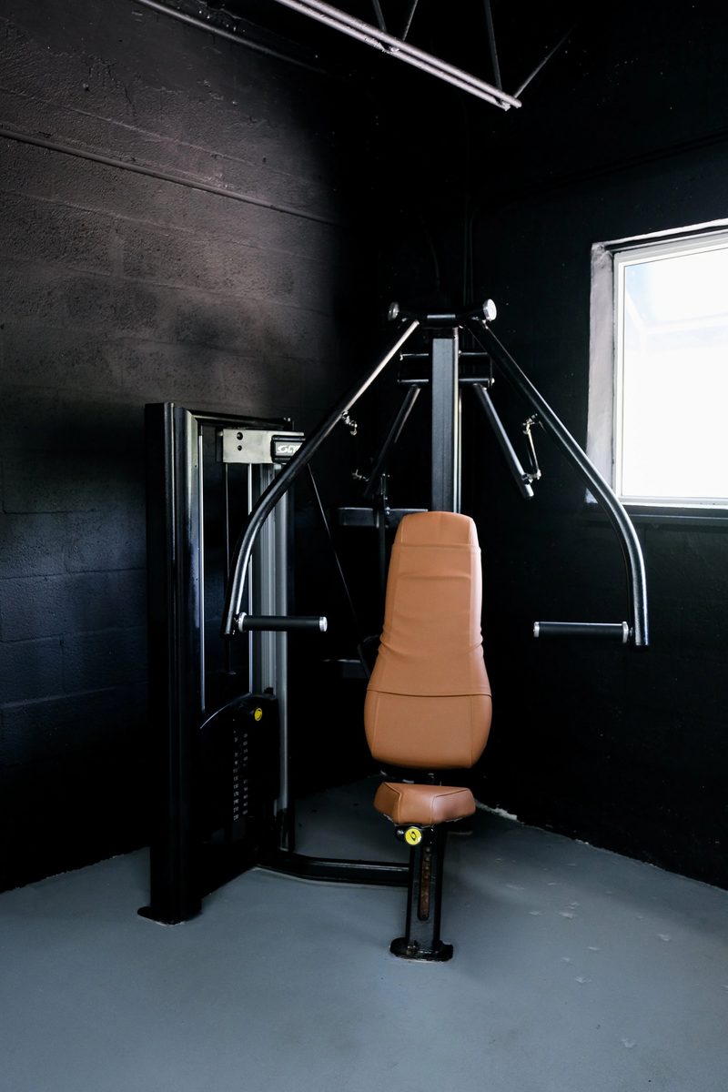A pec deck machine with tan leather pads beside a bright window